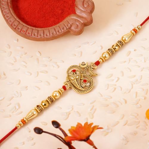 Image of Riddhika Ventures Glorious Gold Plated Religious Diamond Ring Rakhi || Traditional Rakhi Set of 2 & Festive Gift || Rakhi Gift Combo for Bhaiya Bhabhi