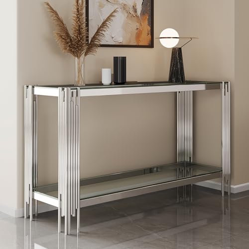 Minheola GLASS CONSOLE TABLE Modern Entryway Table With Silver Stainless Steel Leg, 2-Tier Narrow Console Table With Storage, Long Sofa Table Behind Couch,Hallway Table For Living Room Foyer Entrance cover