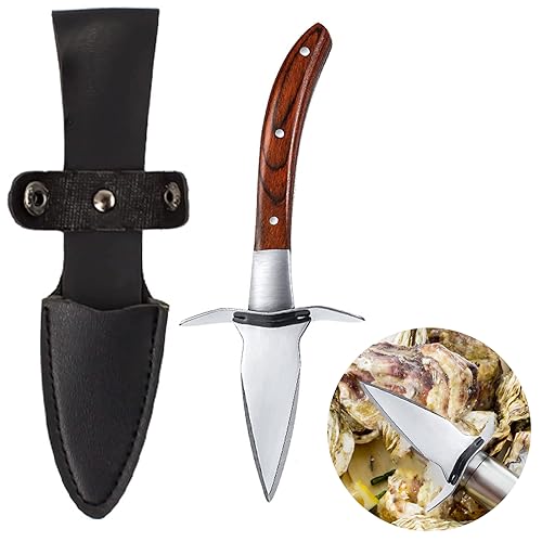 Xrten Oyster Opener Tool Stainless Steel Shell Cutter With Wooden Handle and Leather Case for Clam Scallop Shellfish and Seafood