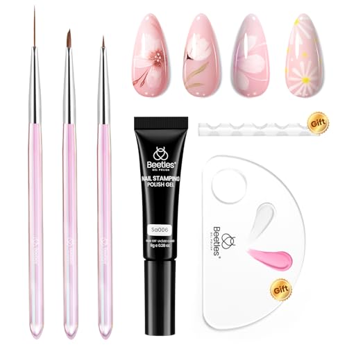Image of Beetles Nail Art Brushes Set for Gel Polish 3 Pcs Nail Art Design Pen and One White Painting Gel All-in-One Petal Brush Kit Flower DIY with Palette Dotting Manicure Tool Set