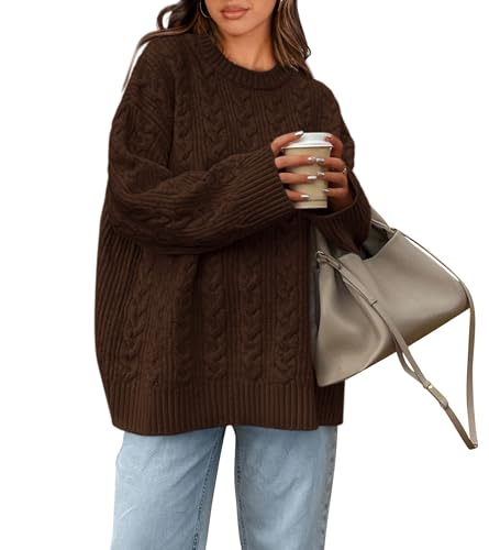 Okiwam Women's Oversized Sweaters Crewneck Cable Knit Pullover Casual Loose Fall Outfits Fashion Clothes 2025