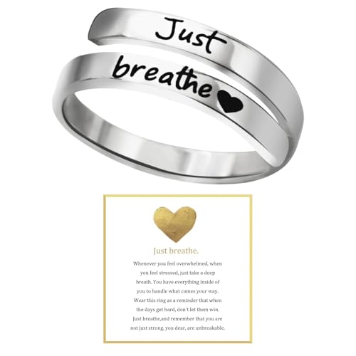 Just Breathe Ring for Women, Stainless Steel Spiral Wrap Healing Rings, Adjustable Heart Ring, Inspirational & Heart felt Gift