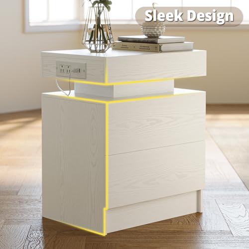 Modern White Nightstand Set with Charging Station, Drawers, and LED Light - Bedroom Side Table Set