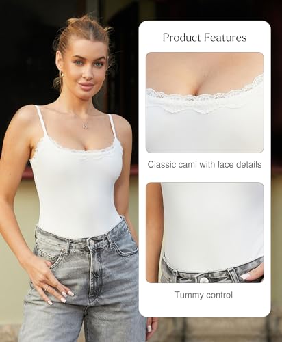 Image of Popilush Lace Body Suits Women - Square Neck Sleeveless Thong Bodysuit Tummy Conotrol Double Lined Camisole Tank Tops