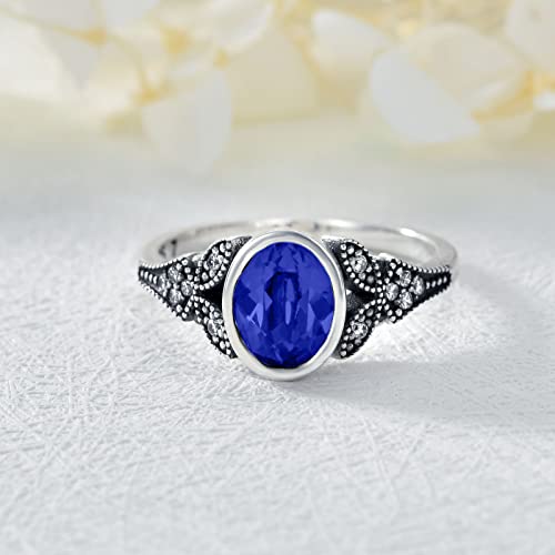 AOBOCO 925 Sterling Silver Retro Vintage Oxidized Band Ring with 8 * 6 mm Oval Created Birthstone Crystal, Jewelry Gifts for Women3