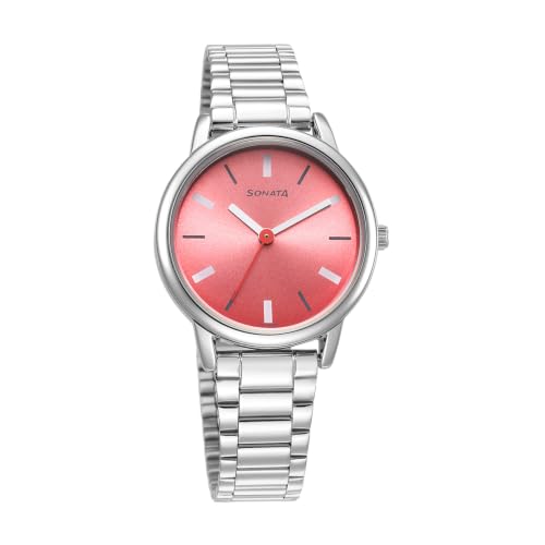 Image of Sonata Plain 3 Hands Metal Pink Round Dial Steel Colour Stainless Steel Strap Womens Watch - 8172SM06