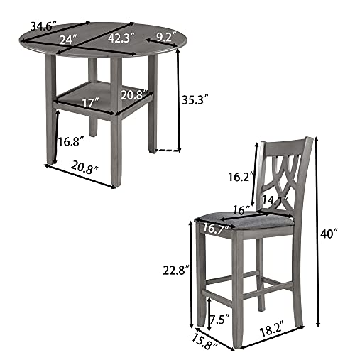 Image of Modern Rustic 3 Piece Round Counter Height Dining Table Set with with Drop Leaf Table,Bottom Shelf and 2 Padded Chairs,Wooden Kitchen Furniture for Small Places