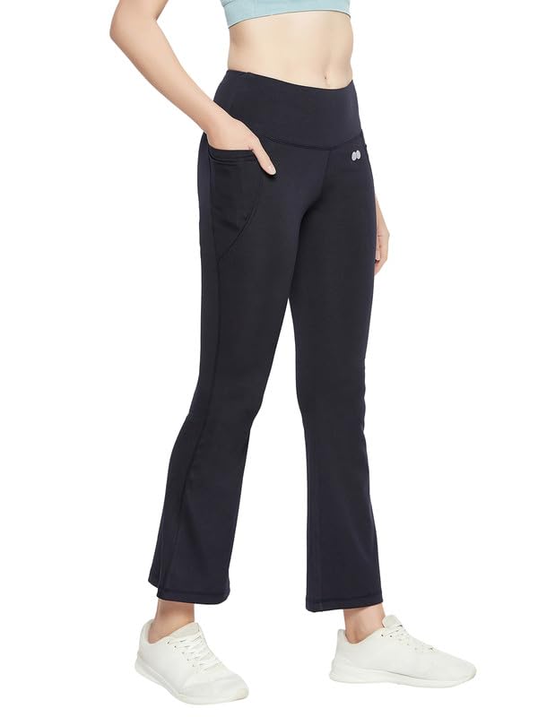 Image of Clovia Women's Comfort Fit High-Rise Flared Yoga Pants with Side Pockets (AB0119R08 Blue S)