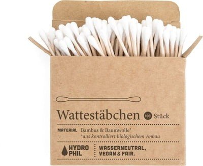 HYDROPHIL - Bamboo Cotton Buds - Effectively clean the Ears - Ecofriendly - 100% vegan - Biodegradable - Fairtrade - Cruelty Free - 100 pieces