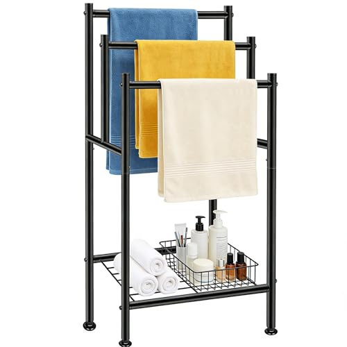 Standing Towel Rack 3 Tier Towel Racks for Bathroom with Storage Shelf Freestanding Metal Pool Blanket Holder Floor Towel Drying Rack Outdoor Black