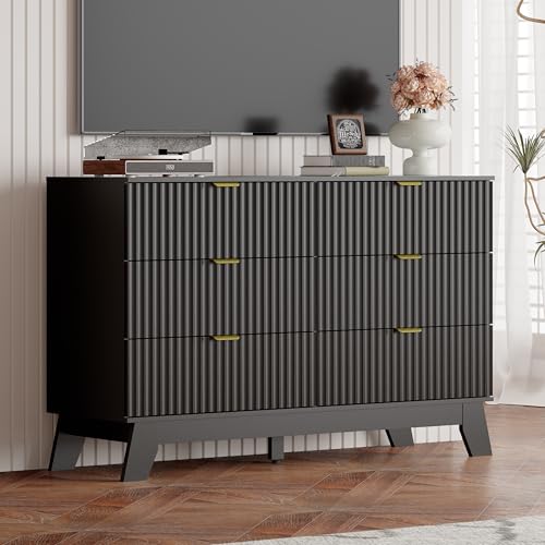 Image of Black Dresser 6 Drawer Dresser for Bedroom, 47''W Fluted Wooden Dresser Storage Cabinet and Chest of Drawers with Metal Handle, Storage Organizer for Living Room, Hallway, Entryway