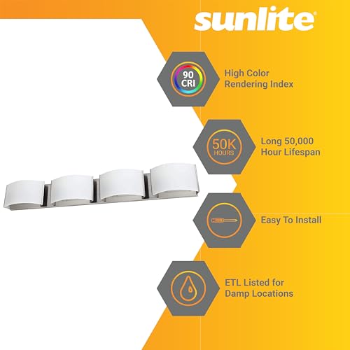 Image of Sunlite LED Decorative Vanity Light Fixture, 40 Watts, 2600 Lumens, Color Selectable 30K /40K /50K, 4 Lights, Dimmable, 90 CRI, ETL Listed, Brushed Nickel, for Bathroom, Powder Rooms, and Hotels