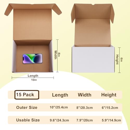 Image of WIFTREY 10x8x6 inches Shipping Boxes White set of 15, 10 x 8 x 6 Corrugated Cardboard Boxes for Packaging Small Business, Moving, Mailing