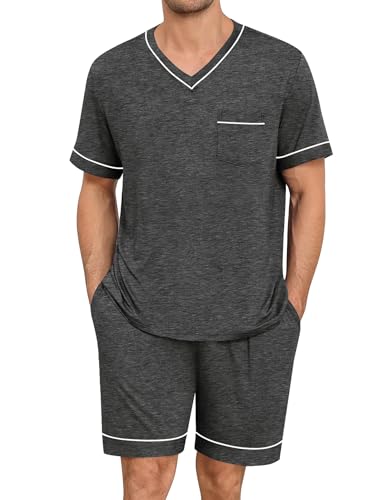 SWOMOG Mens Pajama Set Short Sleeve Pjs Set V-Neck Sleepwear 2 Pcs Soft Modal Lounge Sets Comfy Nightwear with Pockets
