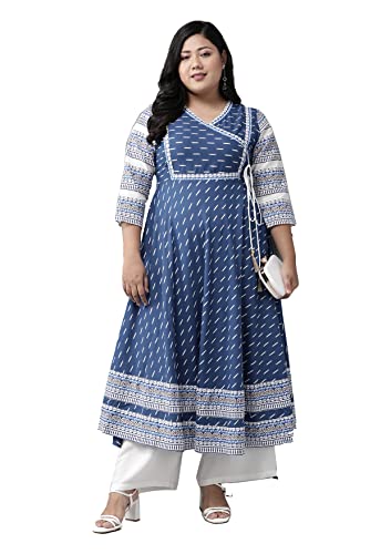 Yash Gallery Damen Cotton Slub Printed Angrakha Kurta für Damen (Blau)