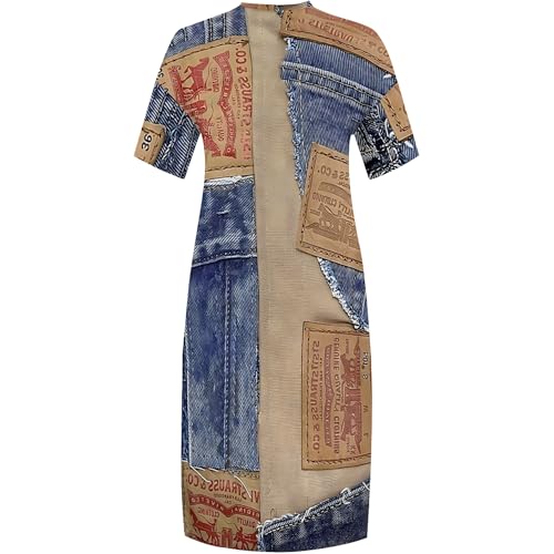 Image of SUZONANA Plus Size Denim Print Shirt Maxi Dresses for Curvy Women Casual Blue Jean Summer Outfits Long Short Sleeve Dress with Pockets Ladies XL