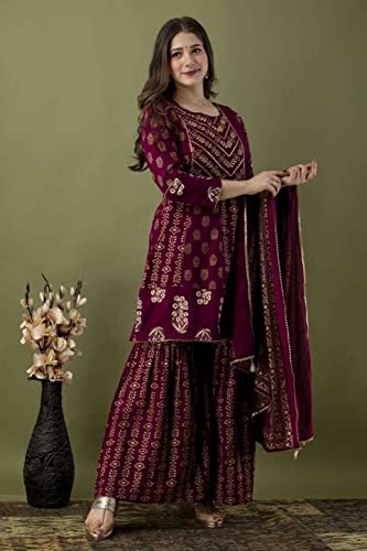 KUROCK Pakistani Kurti Sharara Set For Women's Rayon Mix Cotton Tunic Dupatta Set Indian Summer Dress (Wine)4