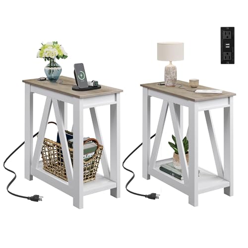 Image of WLIVE End Tables Living Room Set of 2 with Charging Station, Sofa Side Tables with Open Storage Shelf, Slim Farmhouse End Table Sets, Greige