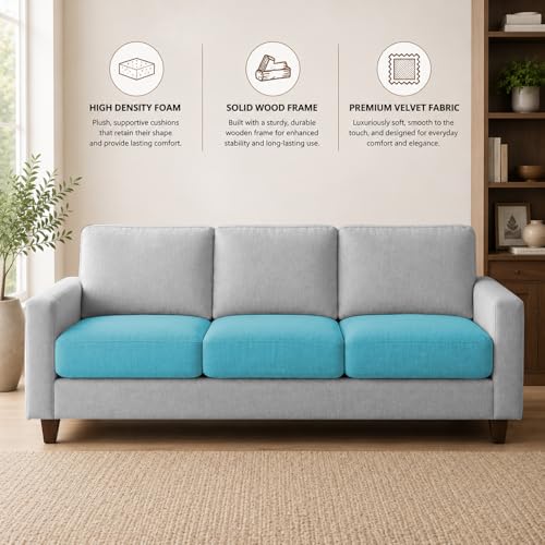 Image of Casaliving Gladino Modern Velvet Fabric Sofa, Tufted Design Upholstered 3 Seater Sofa Set for Living Room, Premium Velvet Fabric Sofa (Turquise Grey)