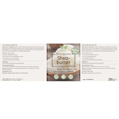 NaturaForte Sheabutter unraffiniert & kaltgepresst 250g – Naturreine Kosmetik Körperbutter, vegan, parfümfrei, feuchtigkeitsspendend & rückfettend, für alle Hauttypen