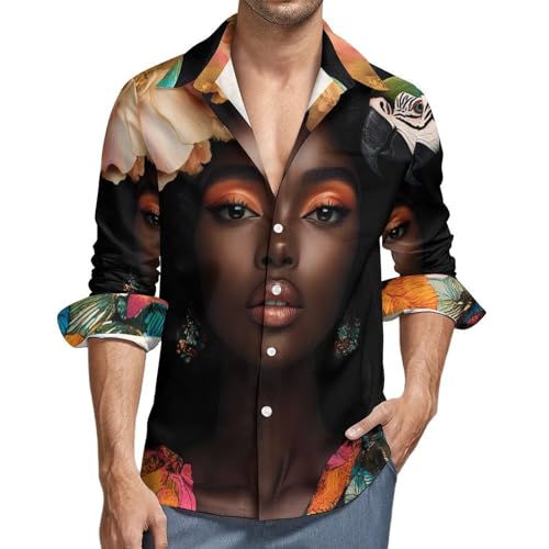 African USA Woman Mens Long Sleeve Shirt Casual Button Down Dress Shirts