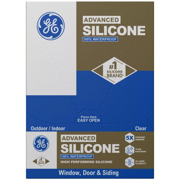 Image of GE Advanced Silicone Caulk for Window & Door, Clear, 2.8 fl oz Tube, 12 Pack - 100% Waterproof Silicone Sealant, 5X Stronger Adhesion, Freeze & Sun Proof
