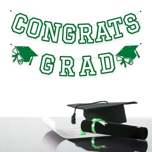 Image of Congrats Grad Banner Graduation Party Banner Decoration Hanging Garland High School College Backdrop Supplies Green White