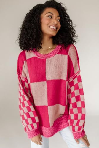 Women's Rose Red Mixed Checkered Pattern Drop Shoulder Sweater3