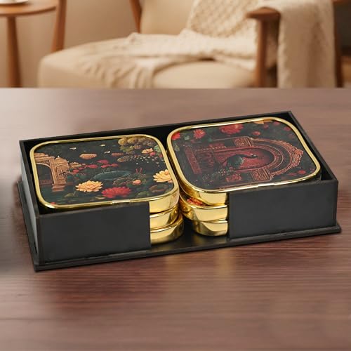 Image of Rousrie Stylist Modern Wooden Coasters with Golden Border | Set of 6 | Stand Included Premium Handmade Coaster for Tea Cups, Coffee Mugs, Beer Mugs, 10 by 10 cm (Rajasthani Pattern)