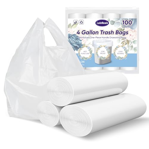 LainNeala Small Trash Bags 4 Gallon with Strong Handles 100 Count Small Garbage Bag Bathroom White Mini Trash Bag Trash Can Liners Unscented Small Garbage Bags for Bathroom Can