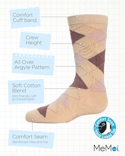 MeMoi Classic Argyle Mercerized Boys Crew Socks, Cotton Blend Boys Dress Socks, Comfortable Crew Height Design - Sizes 2-123