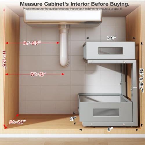 Image of 1 Pack 19IN Depth Under Sink Organizer, 2-Tier Pull Out Cabinet Organizer With Smooth Circular Rail, Large Capacity Metal Mesh Sliding Drawers For Bathroom& Kitchen Storage,Height Adjustable-Gun Gray