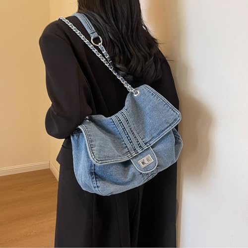 Image of Large Denim Purses for Women Denim Tote Bag Casual Retro Crossbody Lightweight Shoulder Bag Canvas Handbags