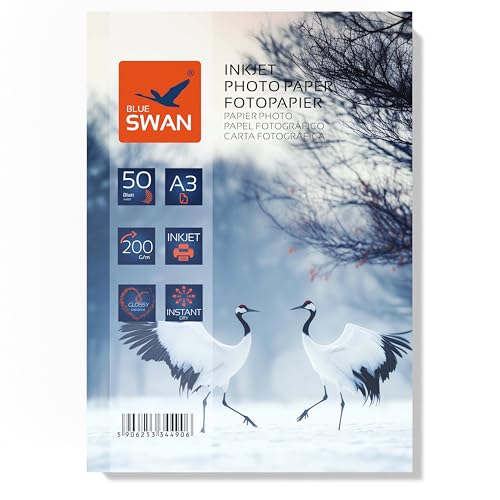 BLUE SWAN Papier Photo Brillant A3 Jet d’Encre, 200 g/m², 50 Feuilles, Recto Brillant, Séchage Rapide, Résistant à l’Eau et aux Rayures, Couleurs Vives, Compatible Imprimantes Canon HP Epson Brother