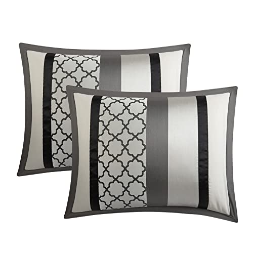 Grand Avenue Modern Gray&Black Comforter Set All Season Premium Bedding Set Jacquard Striped Bed Set, 8 Pieces Queen Size, Embroidered Decorative Pillows #TOP7