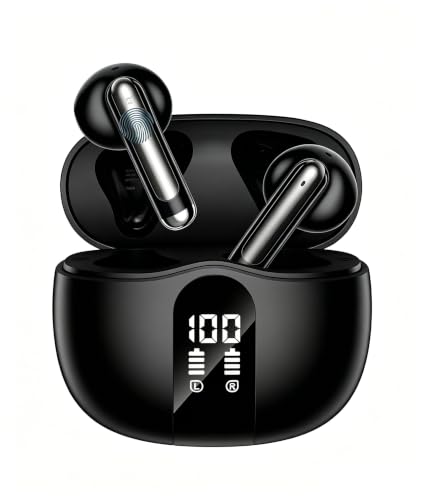 XIAOWTEK Wireless Earbuds, 2026 Bluetooth 5.4 Ear Buds with Noise Cancelling Mic, LED Display Earphones for LaptopBlack