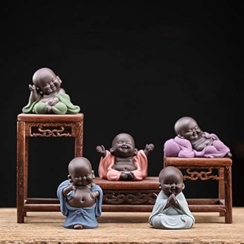 Colección de 5 estatuas de Buda sonriente de cerámica miniatura 1