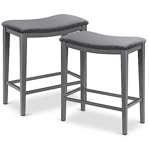Katdans Grey Bar Stools Set Of 2 Counter Height 24 Inches Backless Barstools For Kitchen Counter Modern Saddle Stools Velvet Nailhead Upholstered Faux Leather Stools, Ks718Pn #TOP25