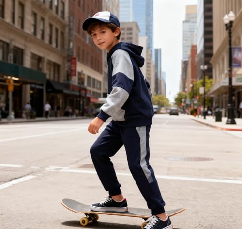 Image of 5-11Y Boys Clothes Long Sleeve Hooded Pullover Colorblock Sweatshirt + Pants 2pcs Fall Winter Outfit Set