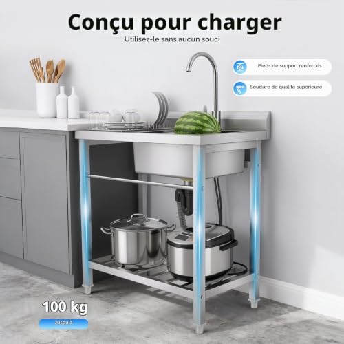 Evier Exterieur De Jardin Evier Cuisine Inox Sur Pied avec Robinet Et étagères, De Rangement Eviers De Restaurant Commercial Pour Garage/Appartement/Sous-Sol/Boutique Facile à Nettoyer (Évier Droit) – vue 5