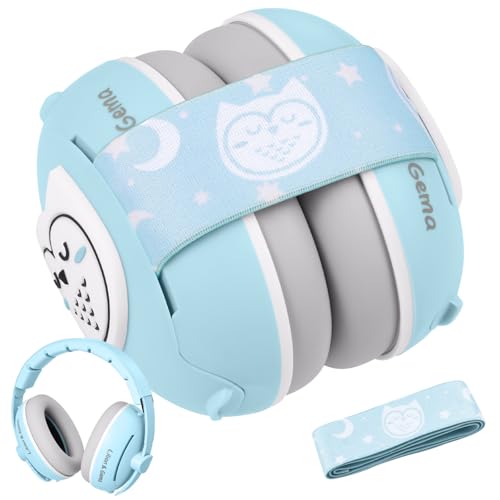 Lilian&amp;Gema 2-in-1 Baby Ear Muffs Noise Protection up to 48 Months - Cute Owl Ear Protection for Infant &amp; Toddler - Baby Airplane/Travel Essentials - Adjustable Noise Reduction Earmuffs, Blue
