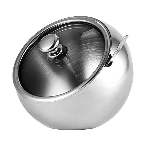 Small Sugar Bowl, Sugar Cup with lid and Spoon [10 Ounces (300 Milliliter /1.25 Cup)], Stainless Steel Sugar Bowl, with Glass Oblique Opening Lid (for Better Recognition) kitchen Oblique Sugar Bowl