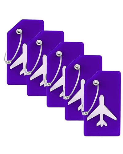 Image of Gostwo 5 Pack Silicone Luggage Tags for Suitcases, Plane Travel Essentials | Suitcase Bag Name Tag, TSA Approved, Stainless Loop, Privacy Protection, Luggage Identifiers Accessories, Purple