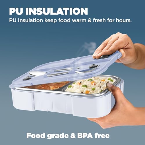Image of Milton Ethan 3 Inner Stainless Steel Tiffin Box for School, 3 Partition, Steam Release Plug | PU Insulated, Leak-Proof, Food Grade I Lunch Box for Kids Boys, Girls with Snap Lock Lid, 600 ml, Sky Blue