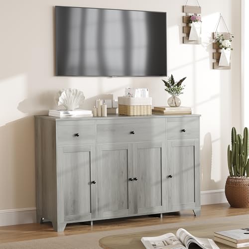55" Sideboard Buffet Cabinet with Storage, Coffee Bar with Adjustable Shelves, 3 Drawers and 4 Minimalist Doors, Long Storage Cabinet for Kitchen, Dining Room, Living Room- Grey