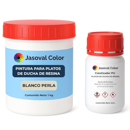 Jasoval Color Pintura Plato Ducha Resina Antideslizante Blanco Perla, Kit Reparacion Plato Ducha Resina, Pintura Antideslizante (1 kg Poliuretano + 0,5 L Catalizador)