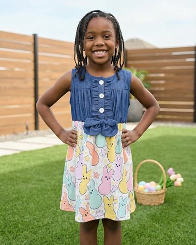 Image of Unique Baby Girls Sleeveless Denim Dress with Knot Tie and Fun Print for Toddler and Big Kids