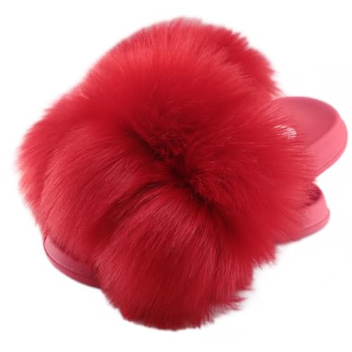 Image of Women's Faux Fur Slides, Open Toe Cute Fur Slippers, Indoor or Outdoor Comfortable Furry Slide Sandals With Fluffy Fur