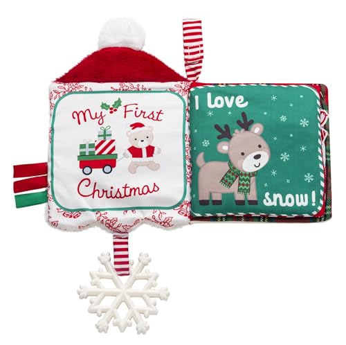 Image of Soft Plush 5 inches Crinkle Activity Book with Teether, Satin Ribbons and Travel Strap, Santa Embroidery, Christmas Red