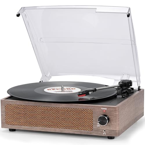 Vinyl Record Player with Speakers Turntable for Vinyl Records Belt-Driven Turntable 3-Speed 3 Size Wireless Playback Headphone AUX-in RCA Line LP Vinyl Players Auto Stop Wood Grey